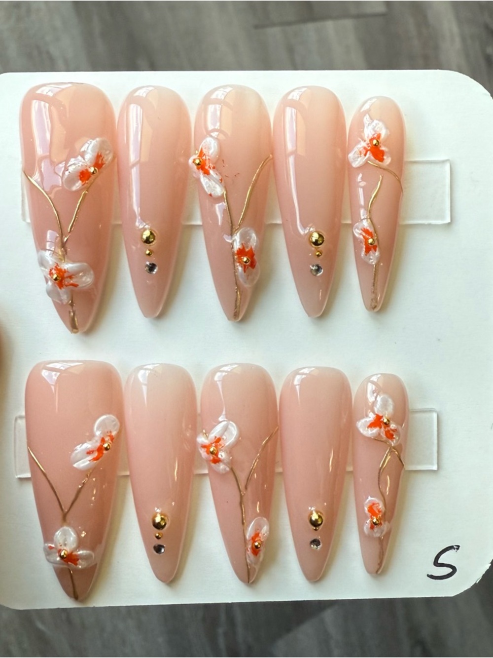 Peach Nude Press-On Nails with 3D Floral Accents